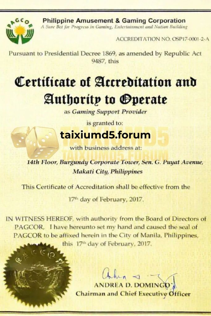 Chứng nhận pagcor của tài xỉu md5